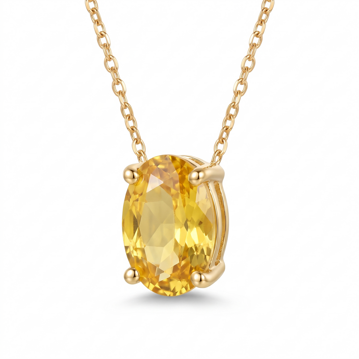 Oval-cut yellow sapphire solitaire necklace, angled front detail — AI-generated design representation