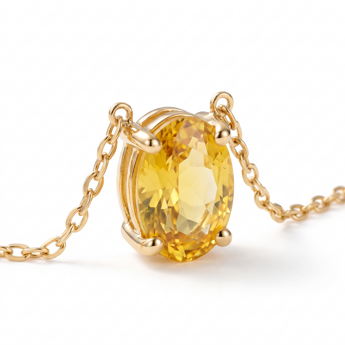 Oval-cut yellow sapphire solitaire necklace, gemstone and setting detail — AI-generated design representation
