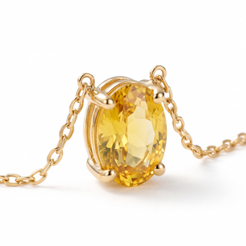 Oval-cut yellow sapphire solitaire necklace, gemstone and setting detail — AI-generated design representation
