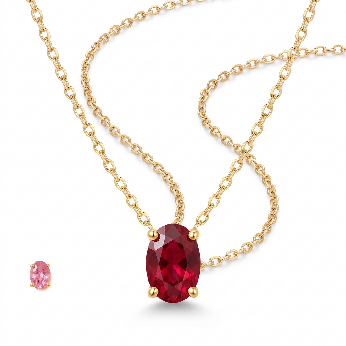 Oval-cut ruby solitaire necklace in solid gold, catalog view — AI-generated design representation