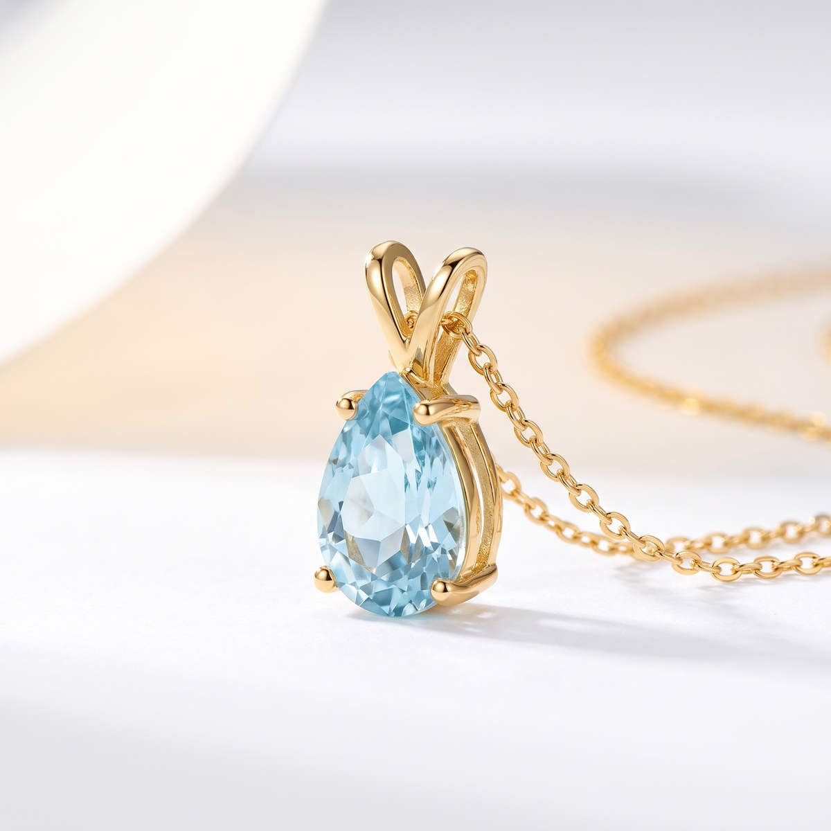 Pear-cut aquamarine solitaire necklace, angled front detail — AI-generated design representation