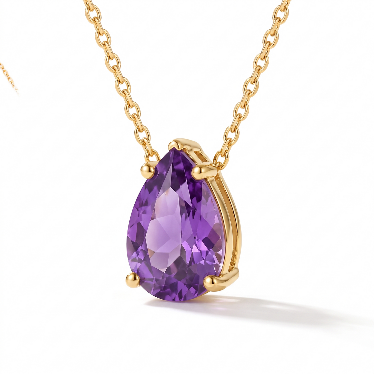 Pear-cut amethyst solitaire necklace, angled front detail — AI-generated design representation