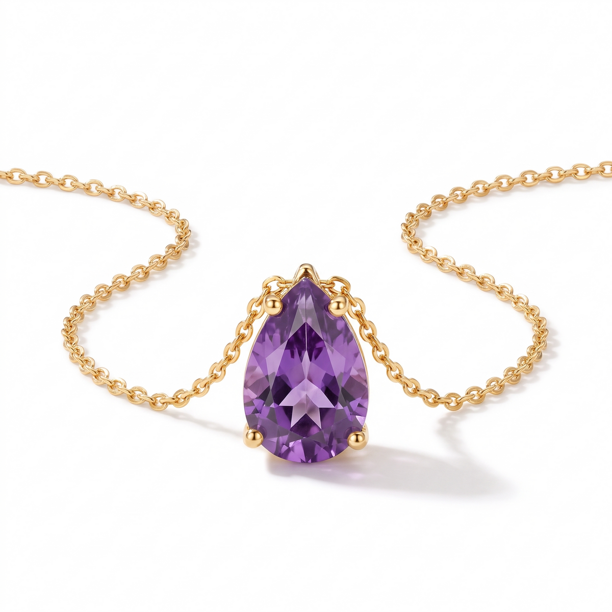 Pear-cut amethyst solitaire necklace in solid gold, catalog view — AI-generated design representation