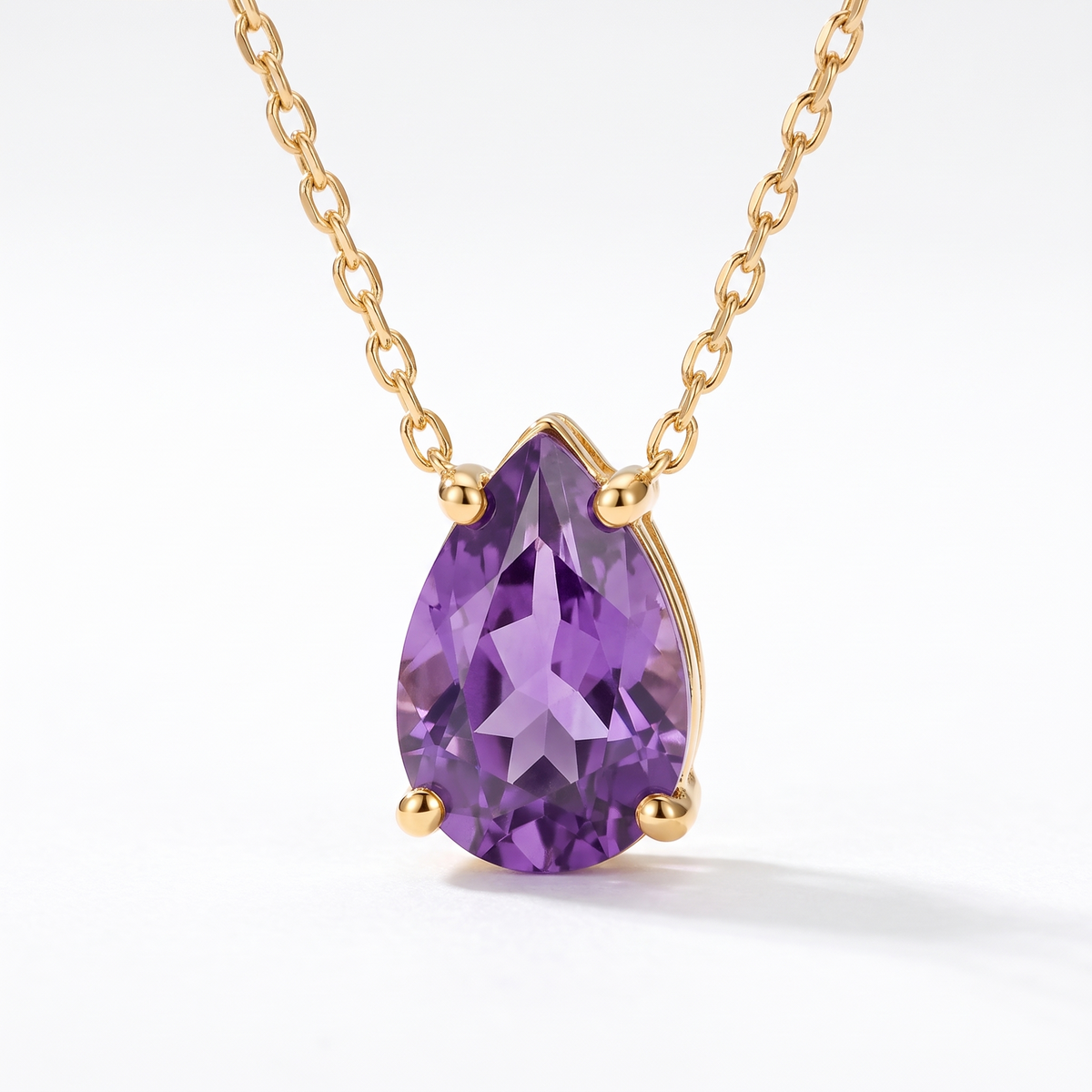 Pear-cut amethyst solitaire necklace, gemstone and setting detail — AI-generated design representation