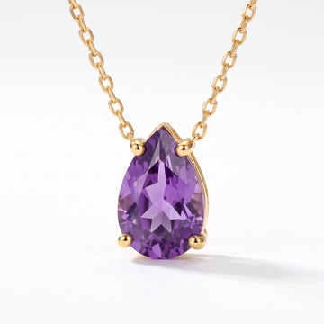 Pear-cut amethyst solitaire necklace, gemstone and setting detail — AI-generated design representation