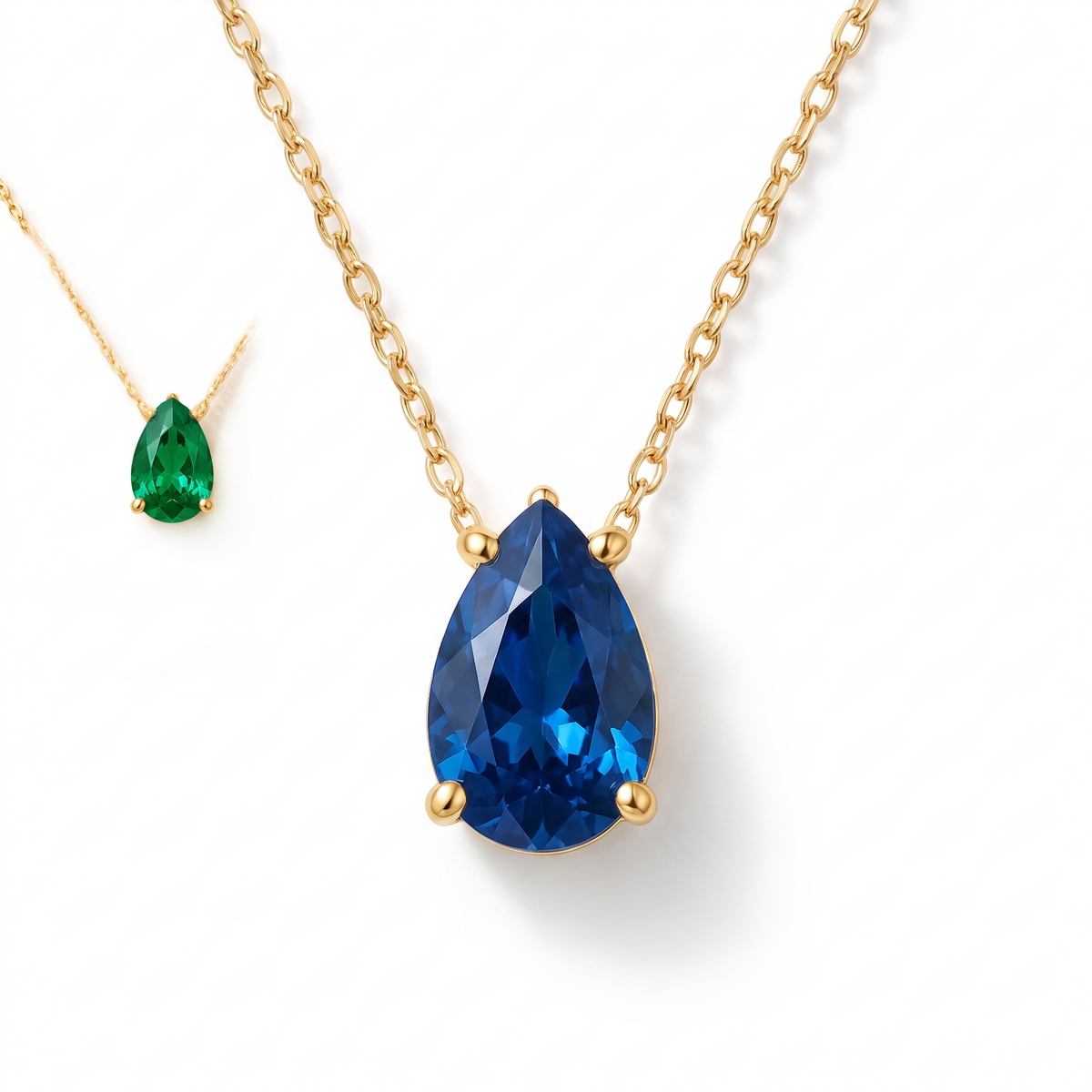 Pear-cut blue sapphire solitaire necklace in solid gold, catalog view — AI-generated design representation