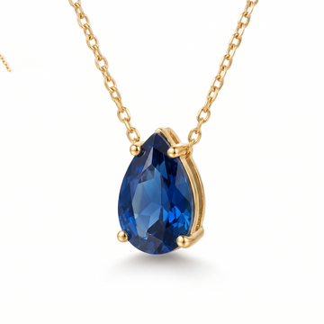 Pear-cut blue sapphire solitaire necklace, gemstone and setting detail — AI-generated design representation