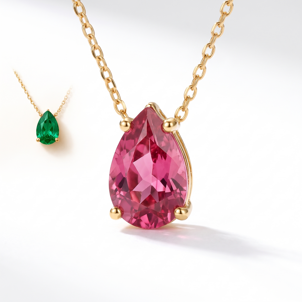 Pear-cut pink tourmaline solitaire necklace, gemstone and setting detail — AI-generated design representation