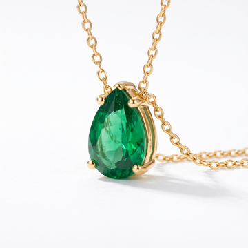 Pear-cut emerald solitaire necklace, gemstone and setting detail — AI-generated design representation