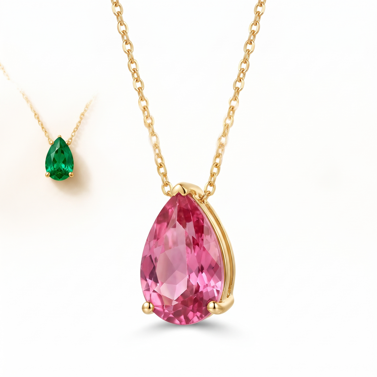 Pear-cut pink tourmaline solitaire necklace in solid gold, catalog view — AI-generated design representation
