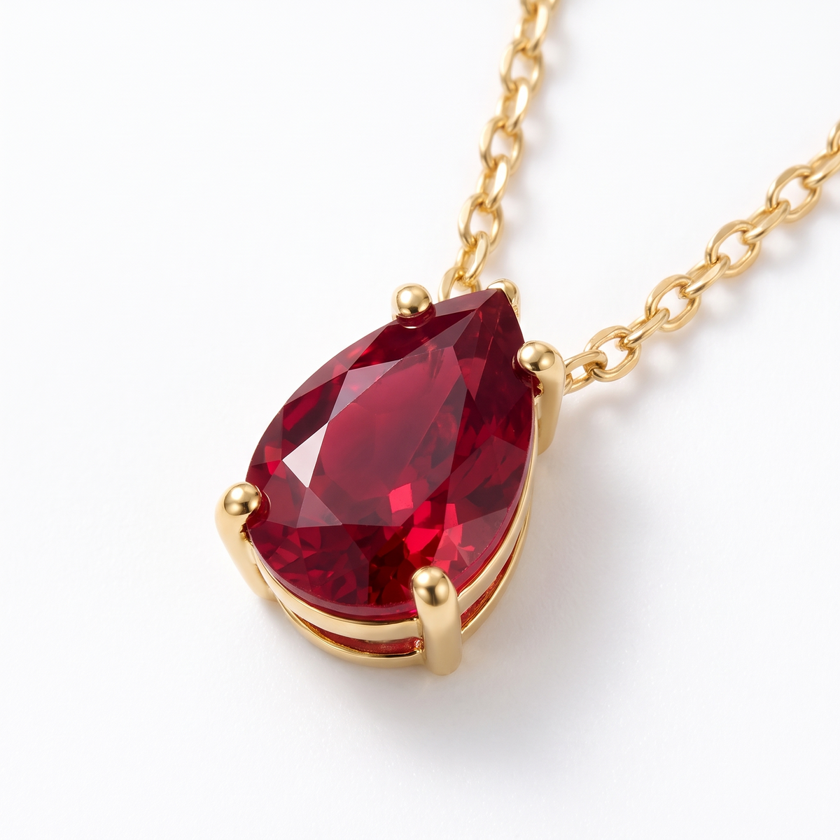 Pear-cut ruby solitaire necklace, gemstone and setting detail — AI-generated design representation