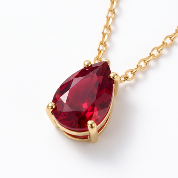 Pear-cut ruby solitaire necklace, gemstone and setting detail — AI-generated design representation