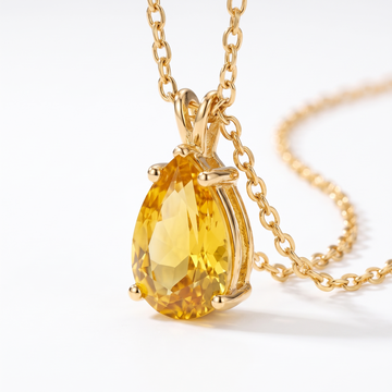 Pear-cut yellow sapphire solitaire necklace, gemstone and setting detail — AI-generated design representation
