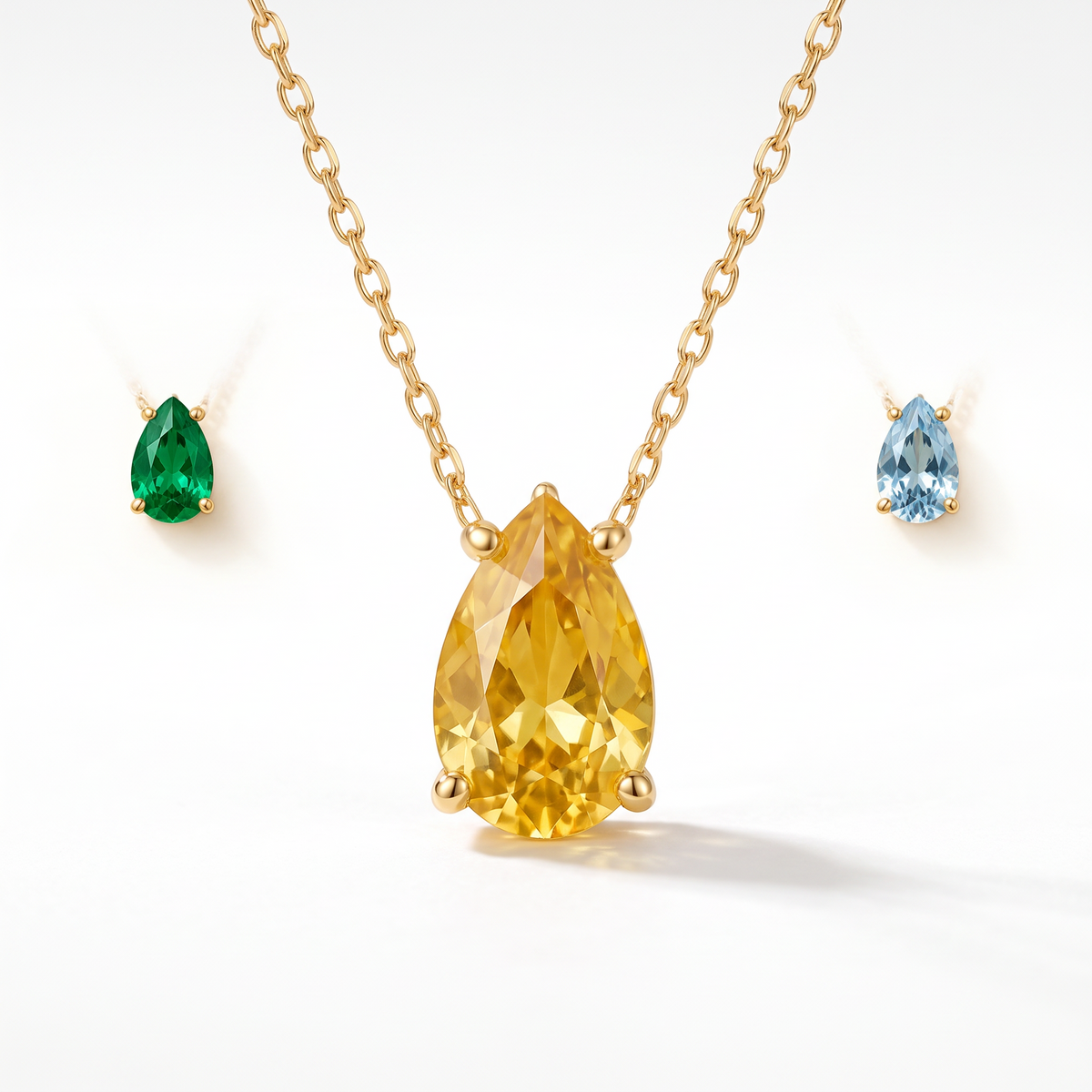 Pear-cut yellow sapphire solitaire necklace in solid gold, catalog view — AI-generated design representation