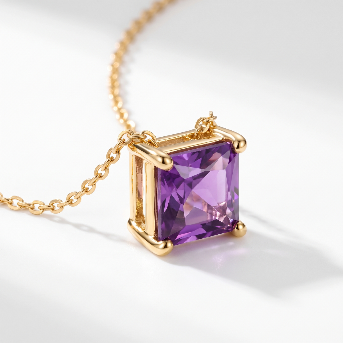 Princess-cut amethyst solitaire necklace, gemstone and setting detail — AI-generated design representation