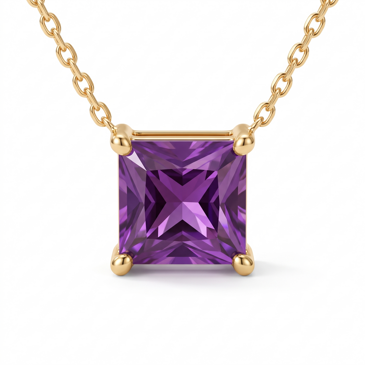 Princess-cut amethyst solitaire necklace, angled front detail — AI-generated design representation