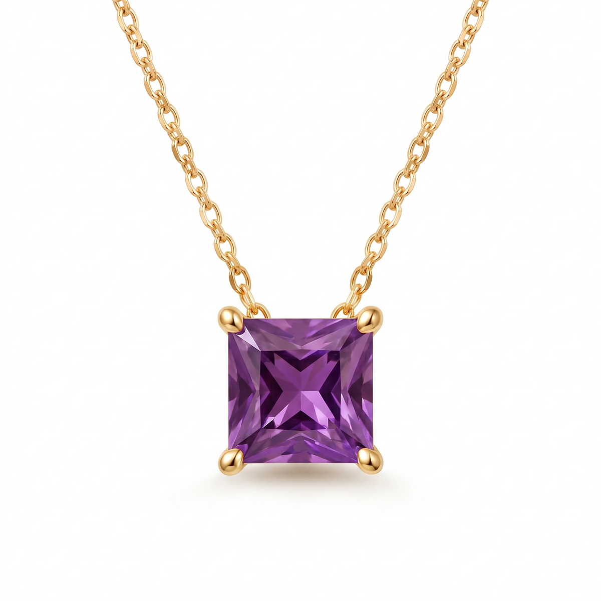 Princess-cut amethyst solitaire necklace in solid gold, catalog view — AI-generated design representation