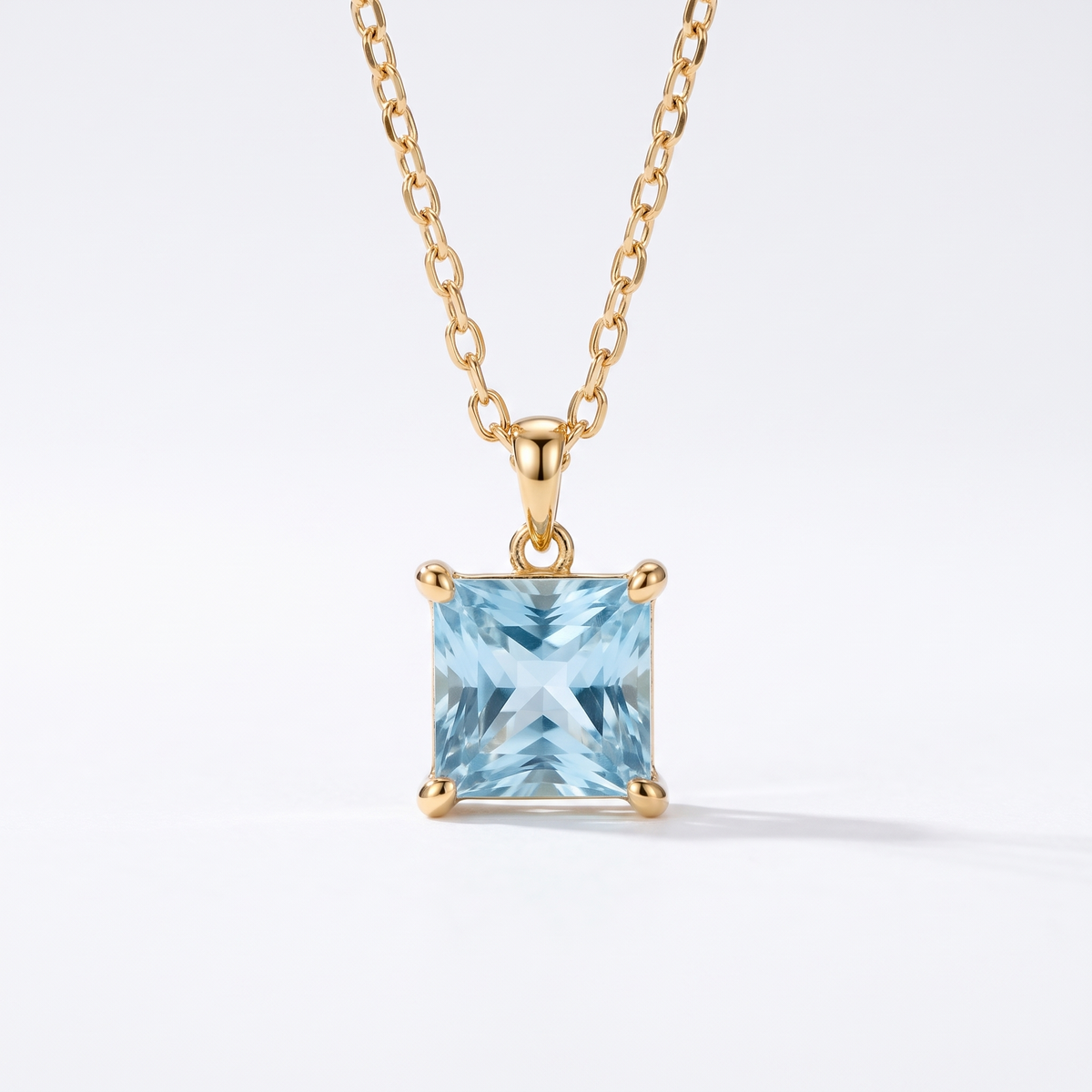 Princess-cut aquamarine solitaire necklace, gemstone and setting detail — AI-generated design representation