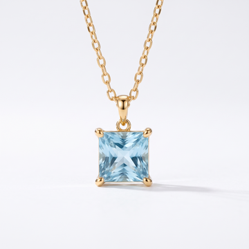 Princess-cut aquamarine solitaire necklace, gemstone and setting detail — AI-generated design representation
