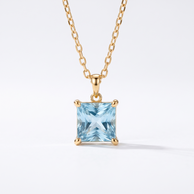 Princess-cut aquamarine solitaire necklace, gemstone and setting detail — AI-generated design representation