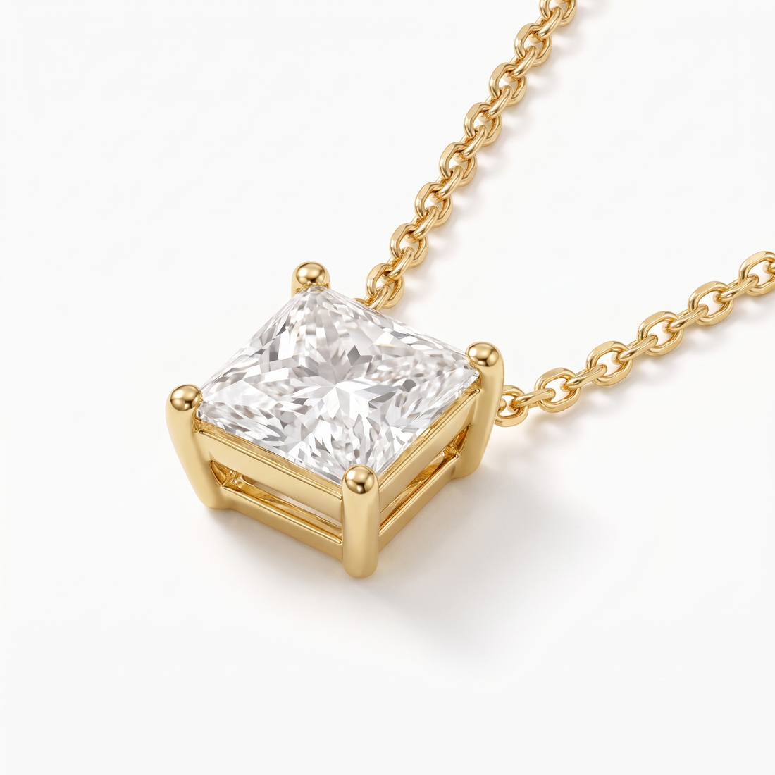 Princess-cut diamond solitaire necklace, gemstone and setting detail — AI-generated design representation