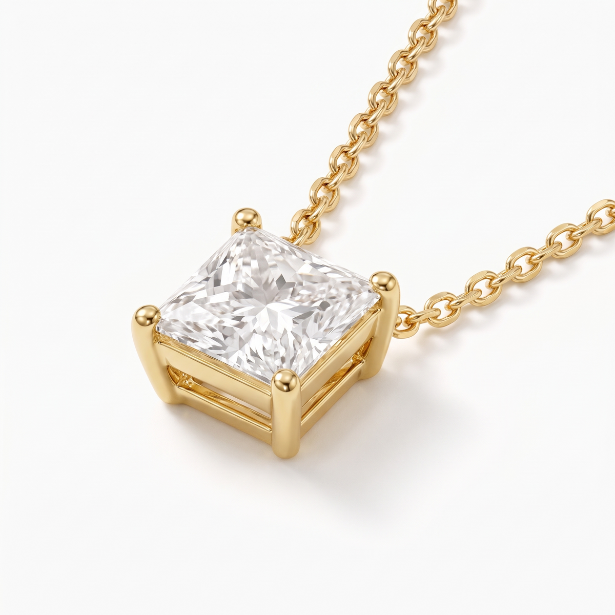 Princess-cut diamond solitaire necklace, gemstone and setting detail — AI-generated design representation