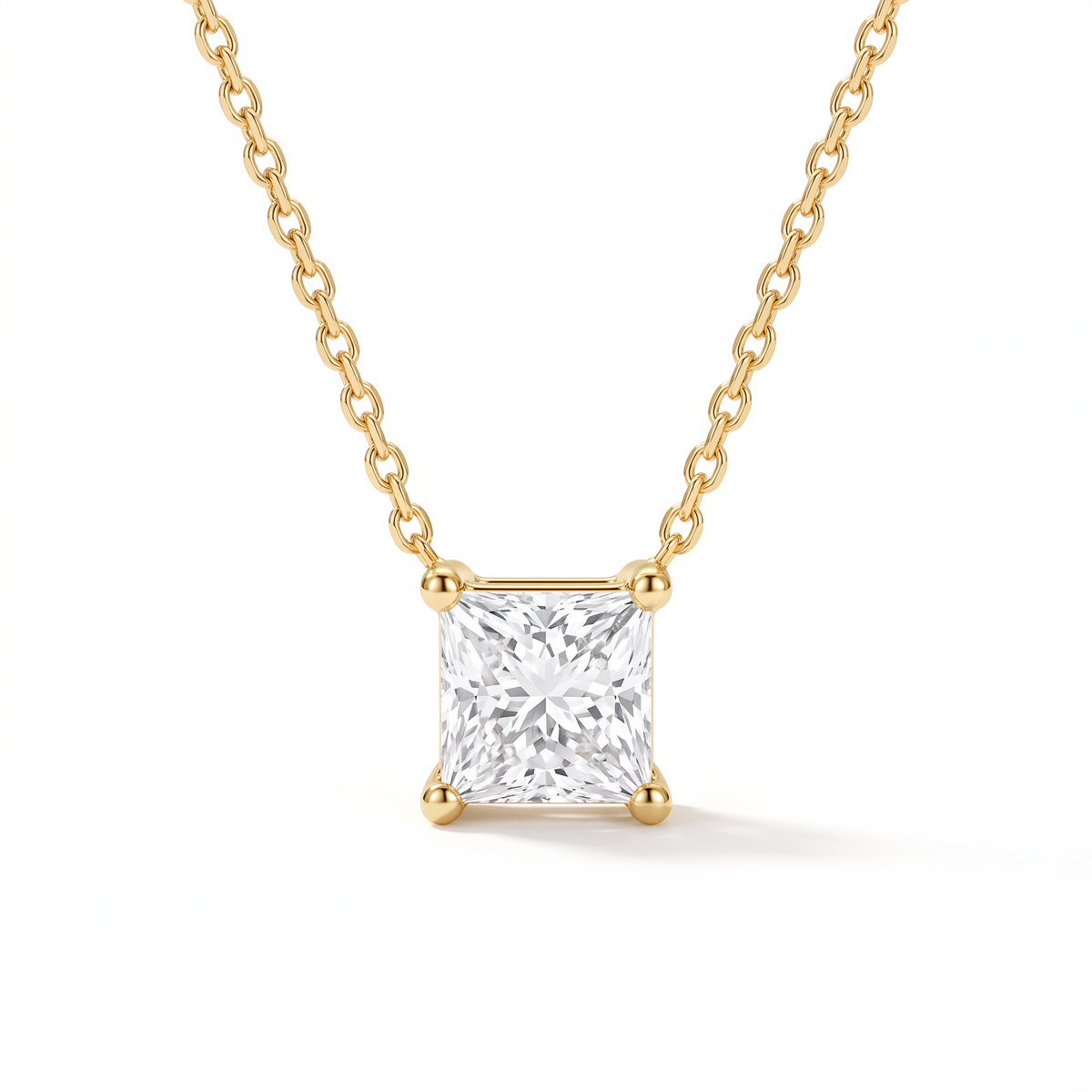 Princess-cut diamond solitaire necklace in solid gold, catalog view — AI-generated design representation