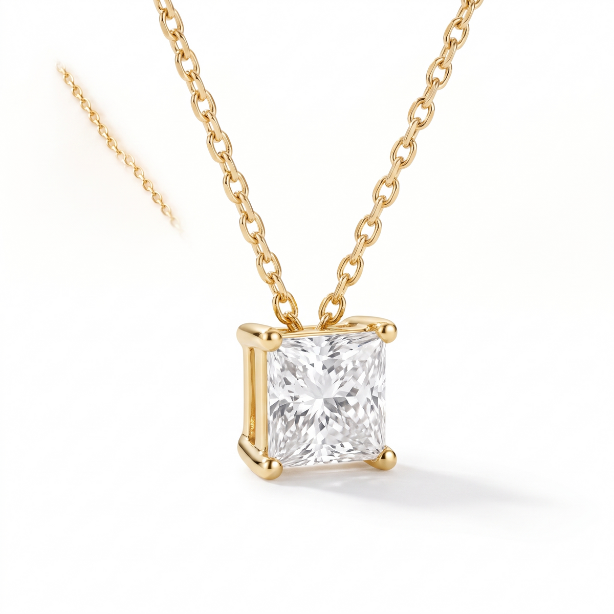 Princess-cut diamond solitaire necklace, angled front detail — AI-generated design representation