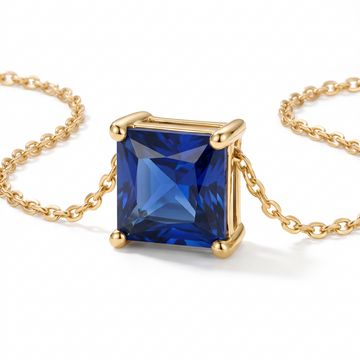 Princess-cut blue sapphire solitaire necklace, gemstone and setting detail — AI-generated design representation