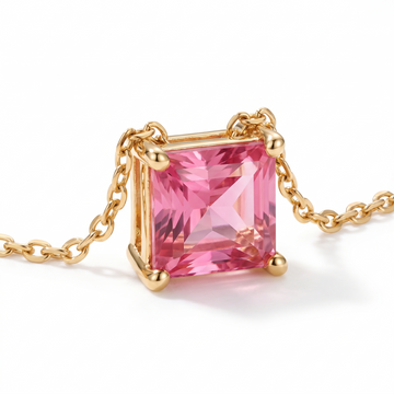 Princess-cut pink tourmaline solitaire necklace, gemstone and setting detail — AI-generated design representation