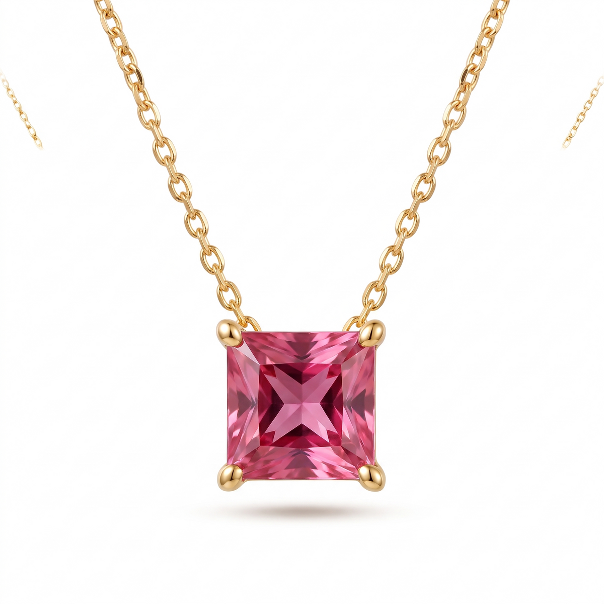 Princess-cut pink tourmaline solitaire necklace in solid gold, catalog view — AI-generated design representation