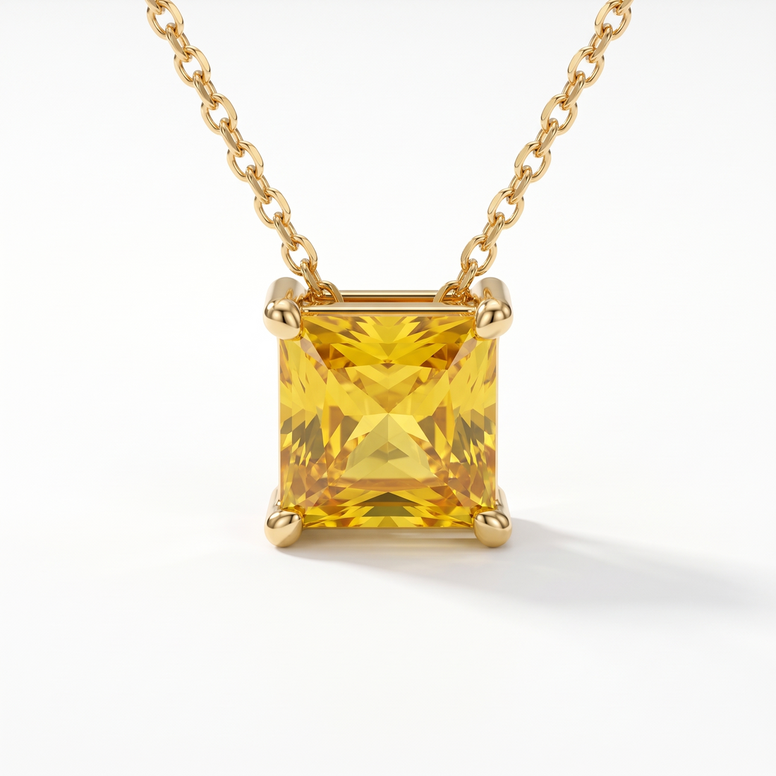 Princess-cut yellow sapphire solitaire necklace, gemstone and setting detail — AI-generated design representation