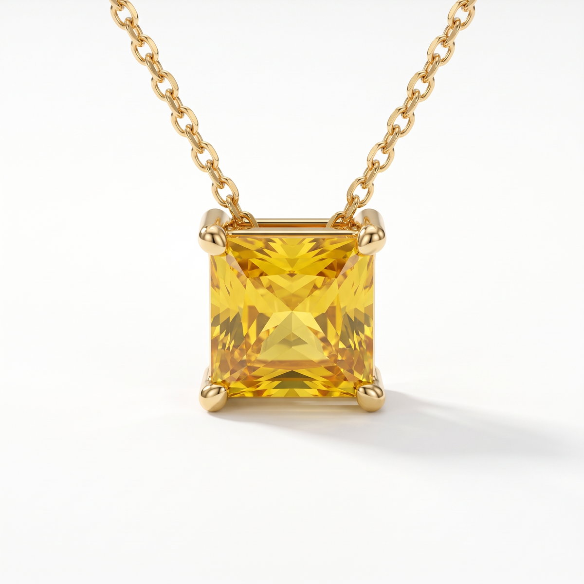 Princess-cut yellow sapphire solitaire necklace, gemstone and setting detail — AI-generated design representation