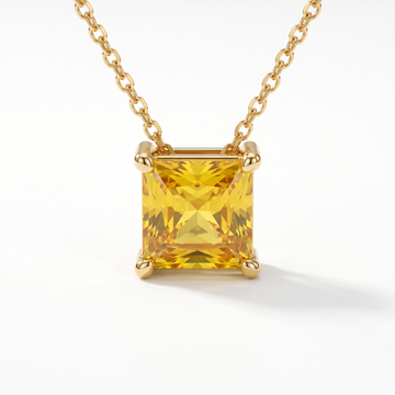 Princess-cut yellow sapphire solitaire necklace, gemstone and setting detail — AI-generated design representation