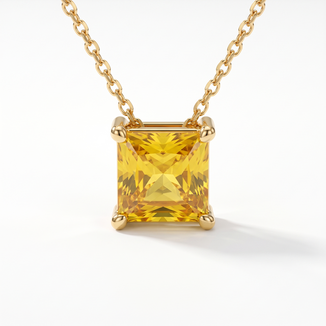 Princess-cut yellow sapphire solitaire necklace, gemstone and setting detail — AI-generated design representation