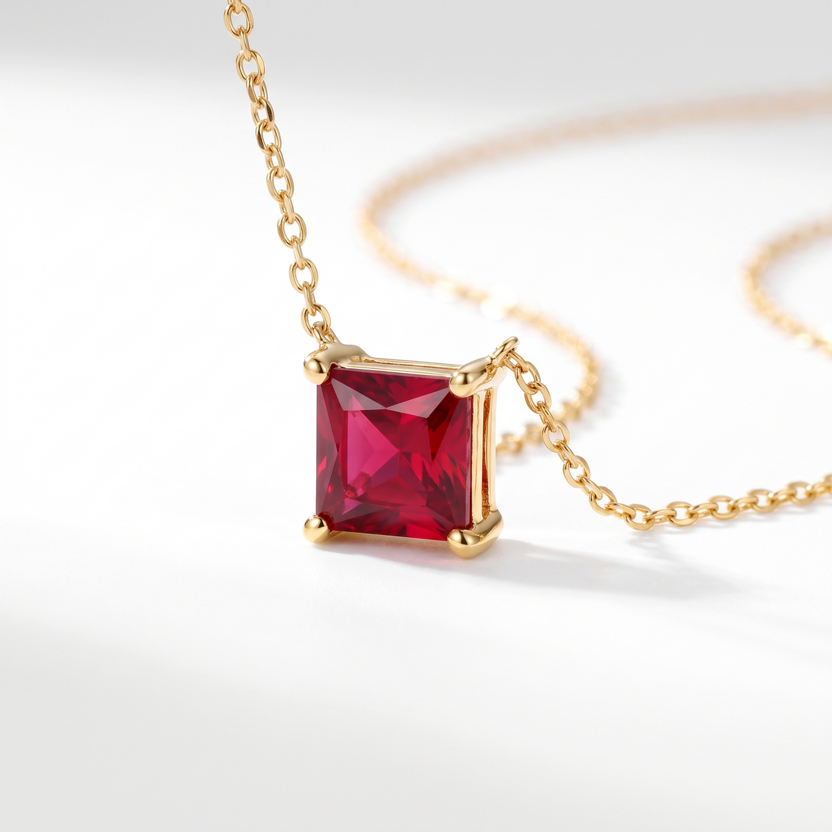 Princess-cut ruby solitaire necklace, angled front detail — AI-generated design representation
