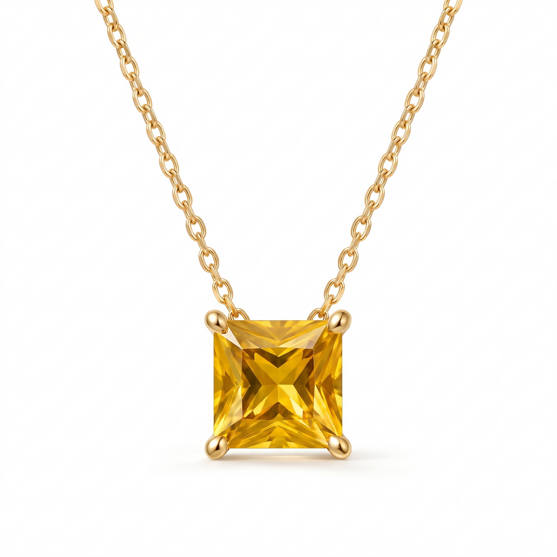Princess-cut yellow sapphire solitaire necklace in solid gold, catalog view — AI-generated design representation