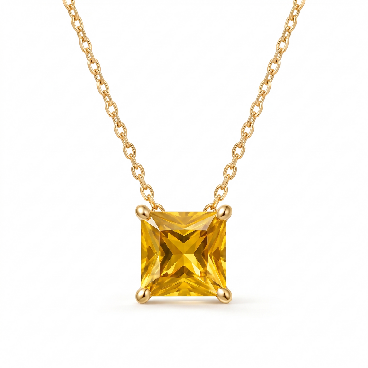 Princess-cut yellow sapphire solitaire necklace in solid gold, catalog view — AI-generated design representation