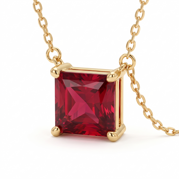 Princess-cut ruby solitaire necklace, gemstone and setting detail — AI-generated design representation