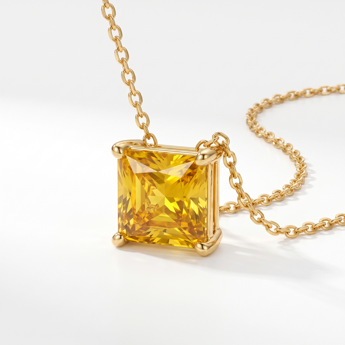 Princess-cut yellow sapphire solitaire necklace, angled front detail — AI-generated design representation