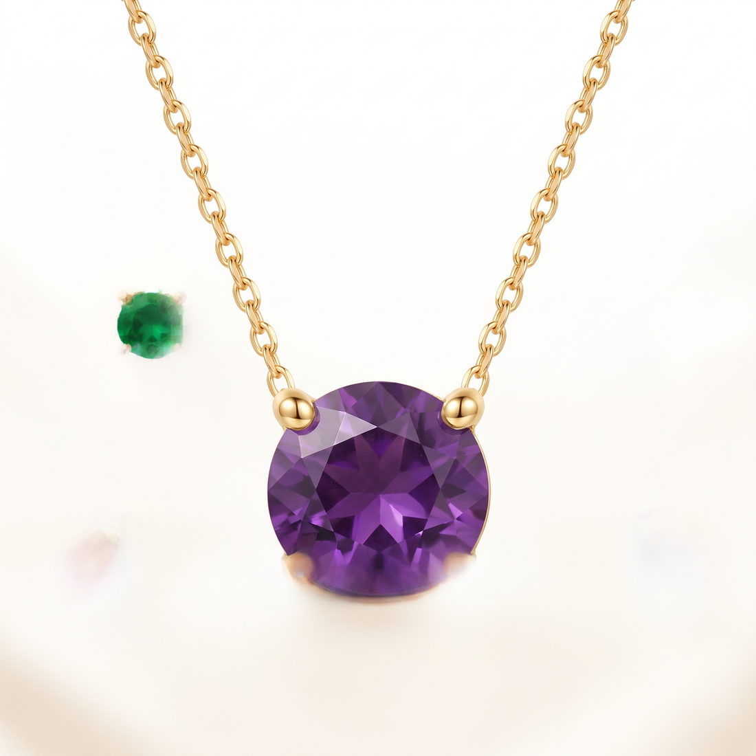 Round-cut amethyst solitaire necklace in solid gold, catalog view — AI-generated design representation
