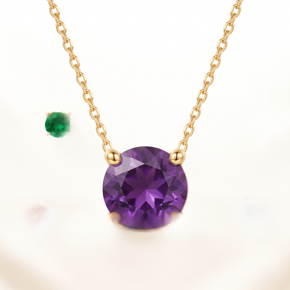 Round-cut amethyst solitaire necklace in solid gold, catalog view — AI-generated design representation