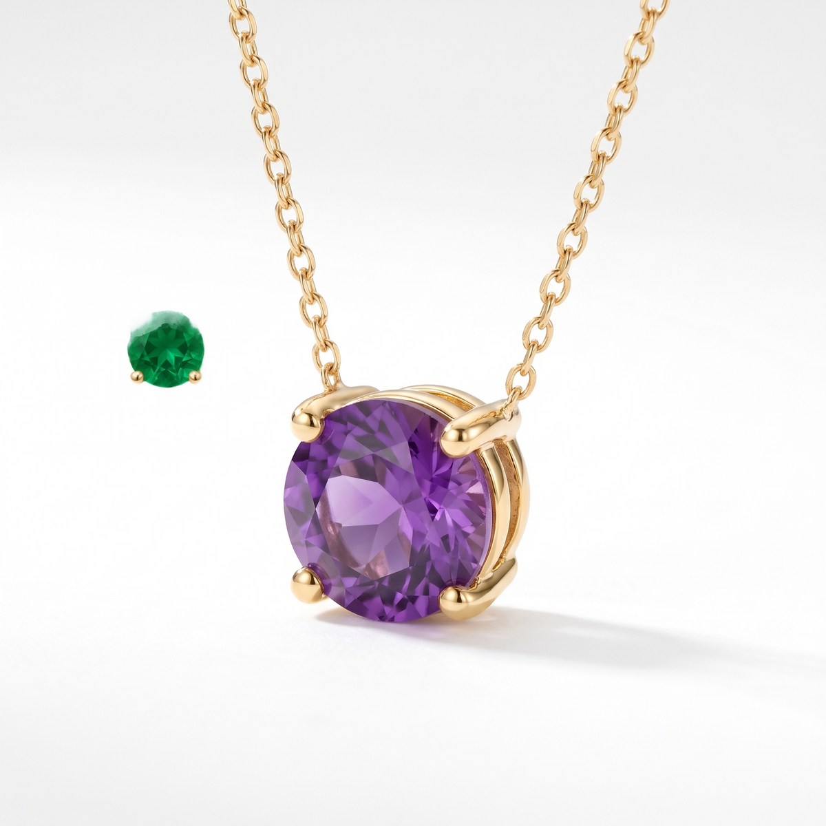 Round-cut amethyst solitaire necklace, angled front detail — AI-generated design representation