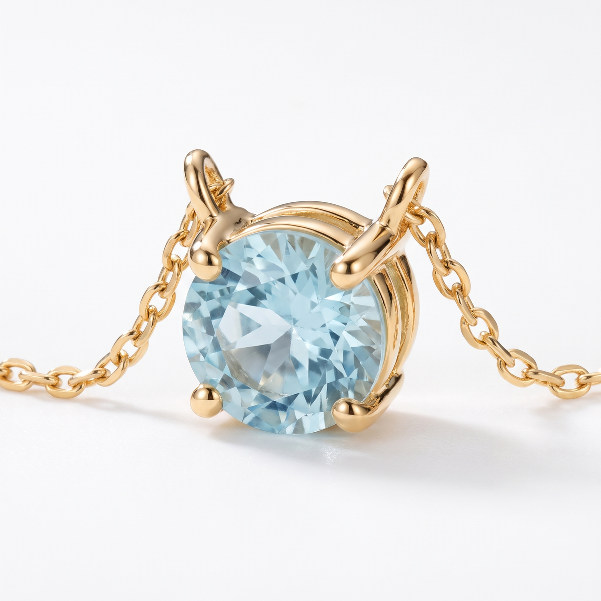 Round-cut aquamarine solitaire necklace, gemstone and setting detail — AI-generated design representation