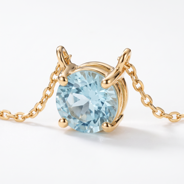 Round-cut aquamarine solitaire necklace, gemstone and setting detail — AI-generated design representation