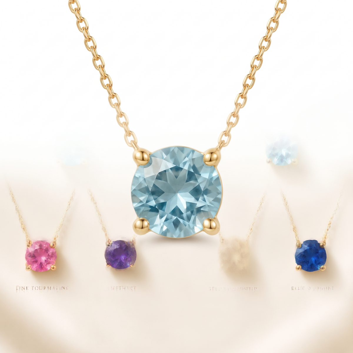 Round-cut aquamarine solitaire necklace in solid gold, catalog view — AI-generated design representation