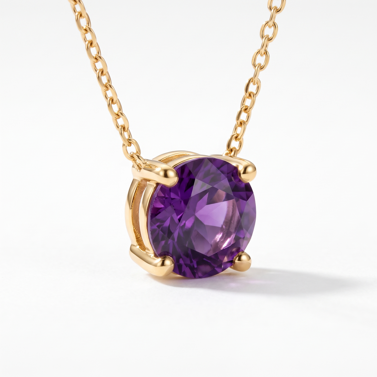 Round-cut amethyst solitaire necklace, gemstone and setting detail — AI-generated design representation