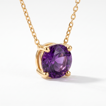 Round-cut amethyst solitaire necklace, gemstone and setting detail — AI-generated design representation