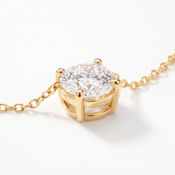Round-cut diamond solitaire necklace, gemstone and setting detail — AI-generated design representation
