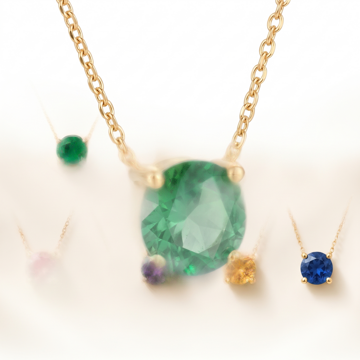 Round-cut emerald solitaire necklace, angled front detail — AI-generated design representation